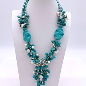 Turquoise Stone & Cultured Pearl Statement Necklace Fringe Bib Chunky